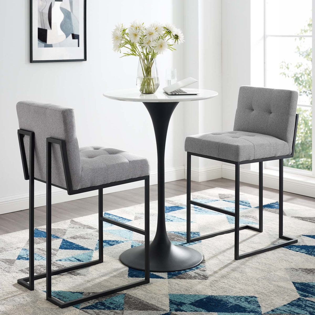 Privy Black Stainless Steel Upholstered Fabric Bar Stool Set of 2