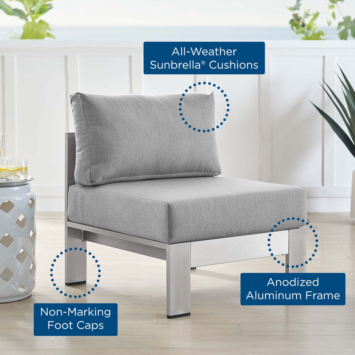 Shore Sunbrella® Fabric Aluminum Outdoor Armless Chair