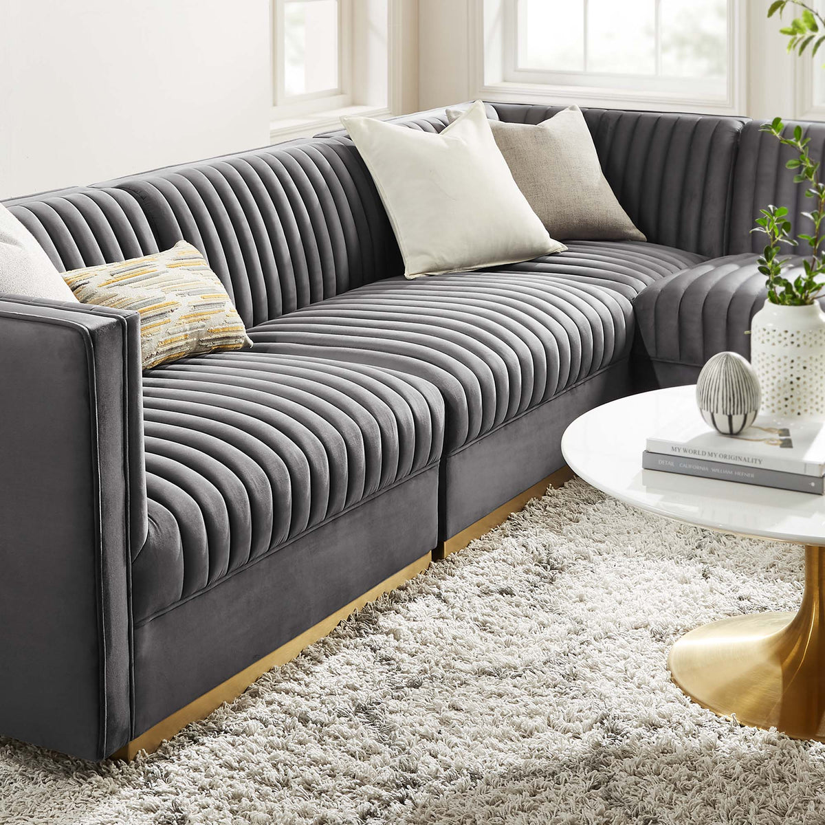 Sanguine 4-Piece Channel Tufted Performance Velvet Right-Facing Modular Sectional Sofa