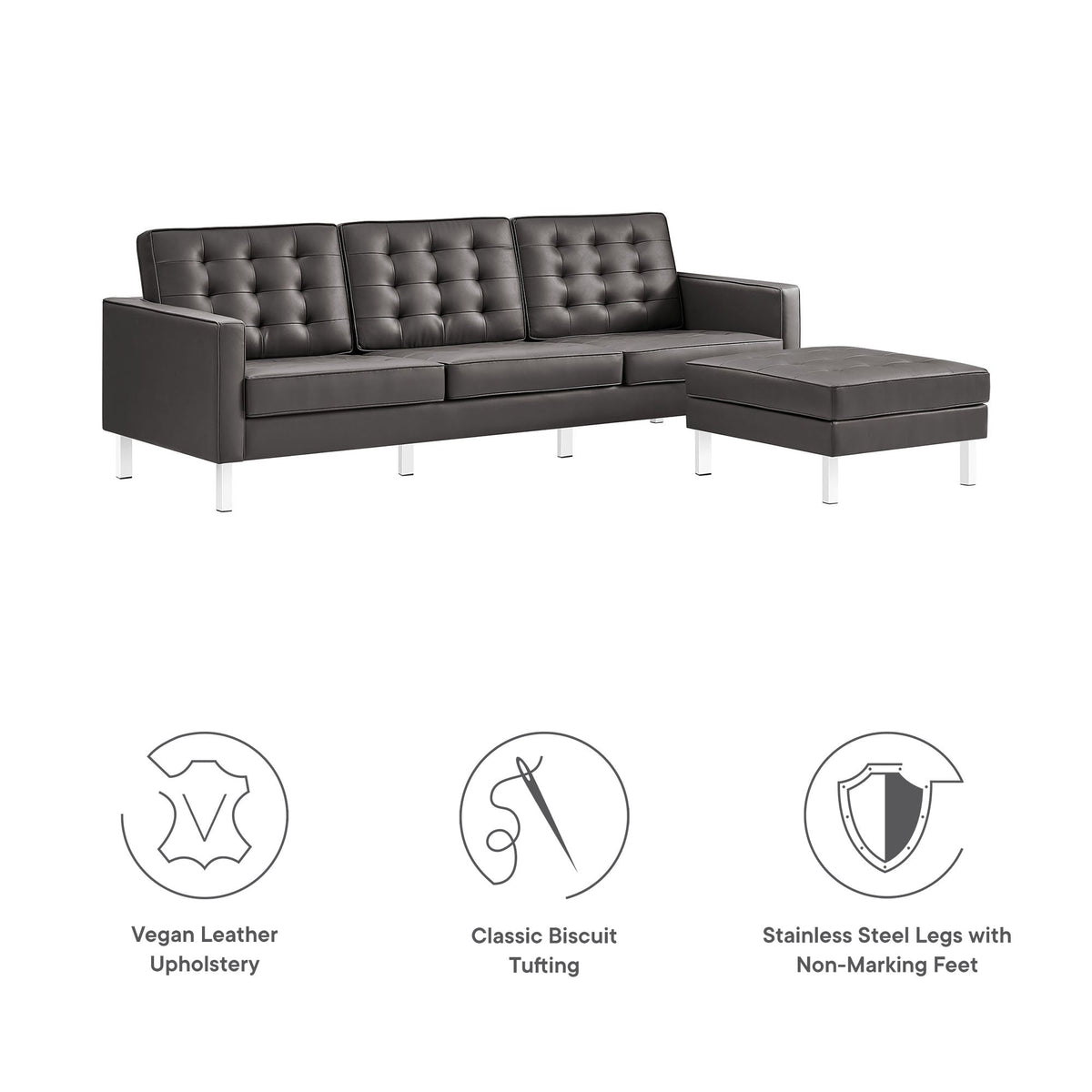 Loft  Tufted Vegan Leather Sofa and Ottoman Set
