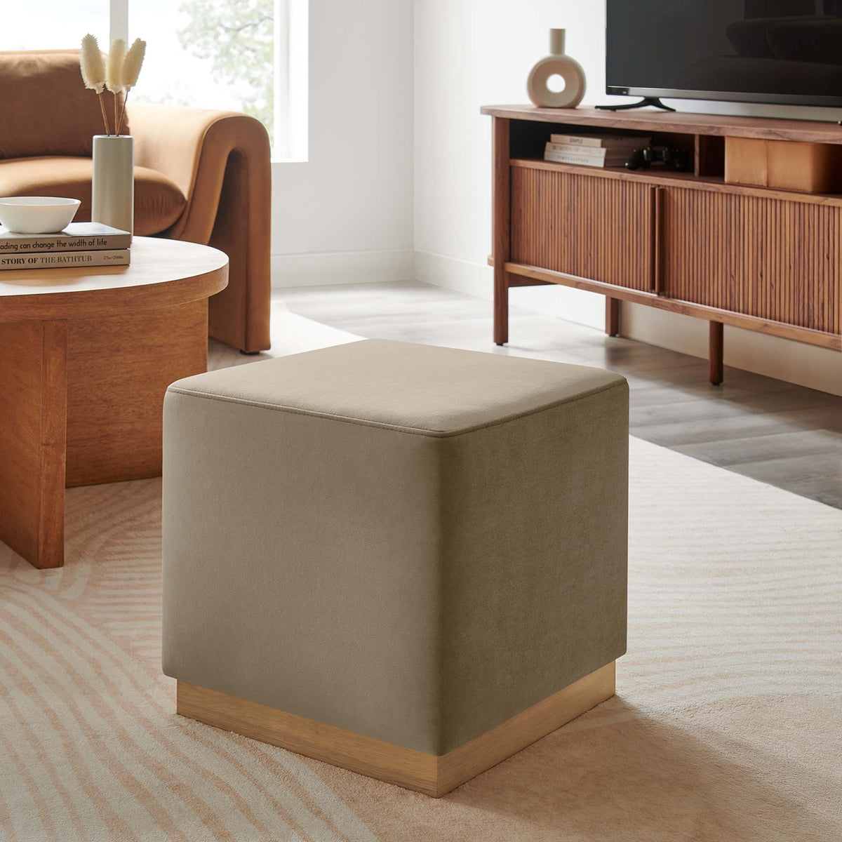 Tilden 17" Square Performance Velvet Upholstered Ottoman