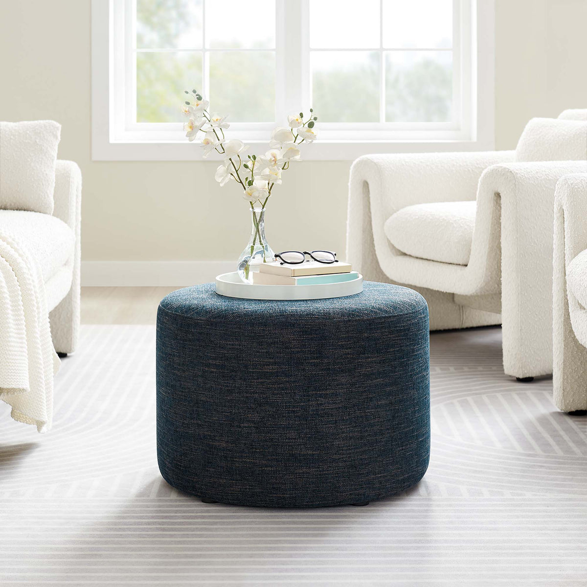 Callum Large 23" Round Woven Heathered Fabric Upholstered Ottoman - view 20
