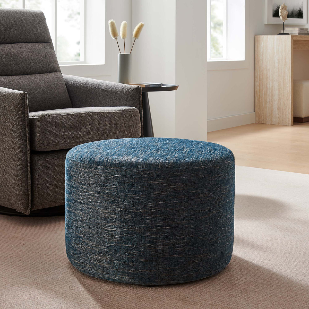 Callum Large 23" Round Woven Heathered Fabric Upholstered Ottoman - view 23