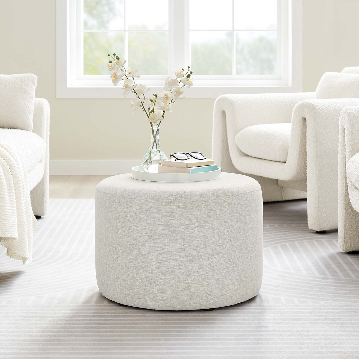 Callum Large 23" Round Woven Heathered Fabric Upholstered Ottoman - view 19