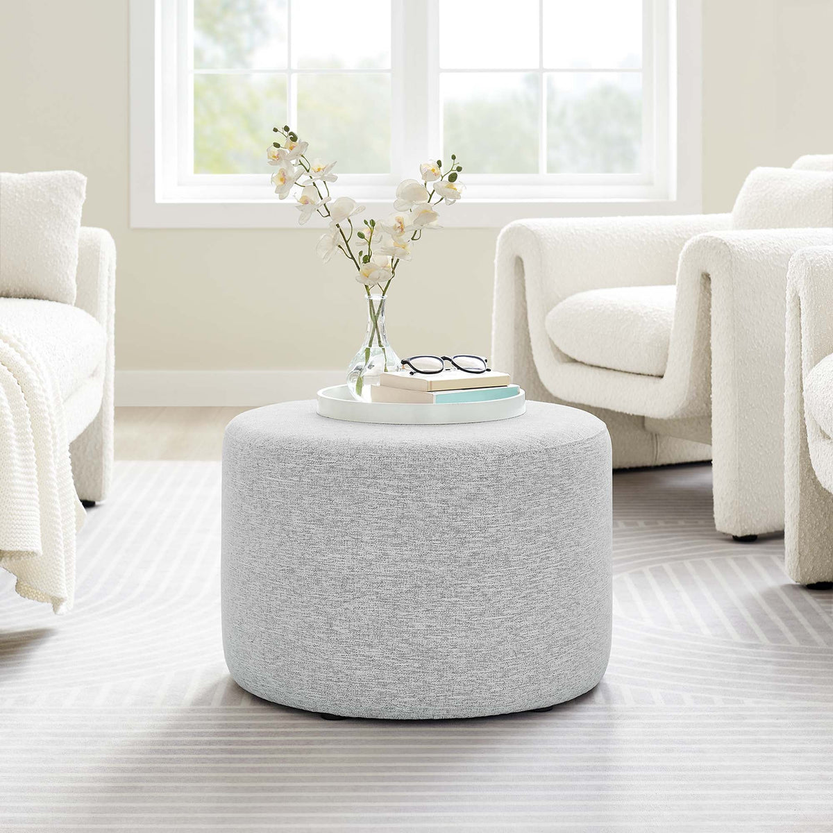 Callum Large 23" Round Woven Heathered Fabric Upholstered Ottoman - view 21