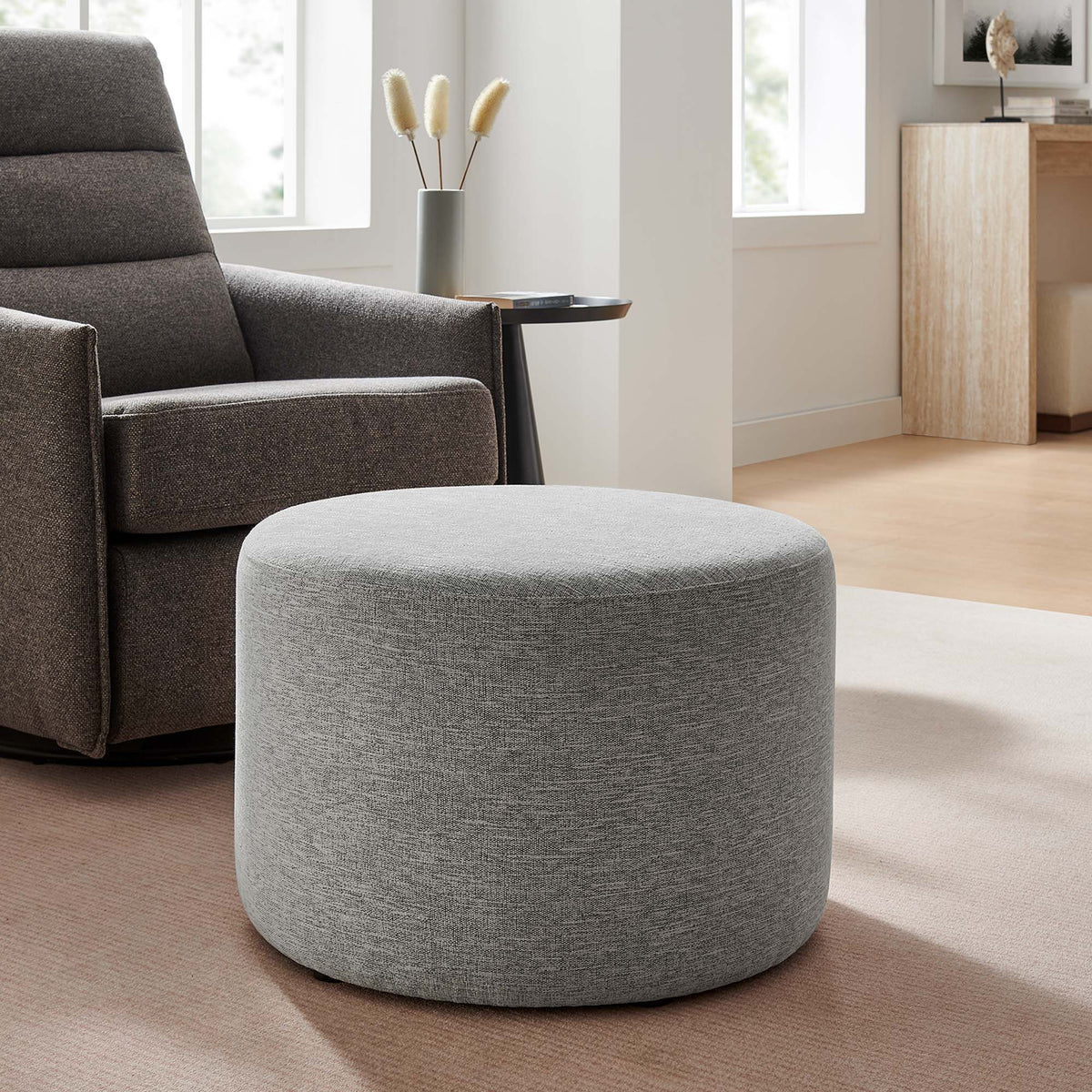 Callum Large 23" Round Woven Heathered Fabric Upholstered Ottoman - view 24