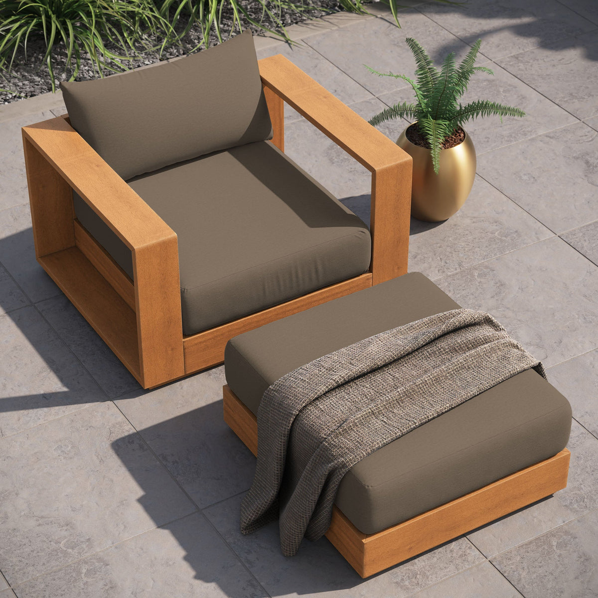 Tahoe 2-Piece Outdoor Patio Acacia Wood Armchair and Ottoman Set