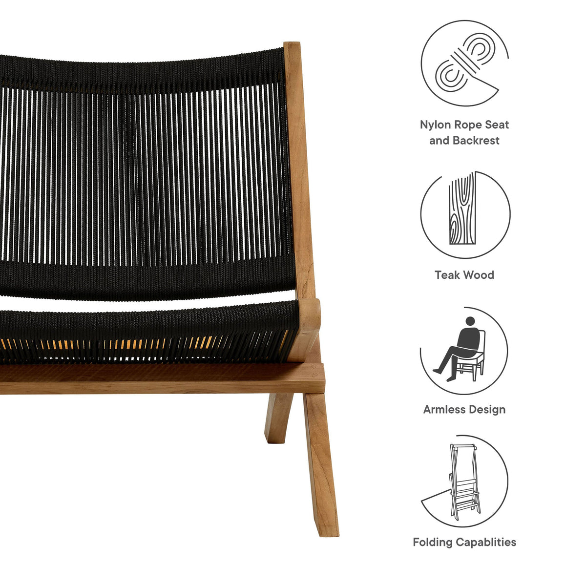 Vienna Outdoor Patio Teak and Rope Folding Accent Lounge Chair - view 18