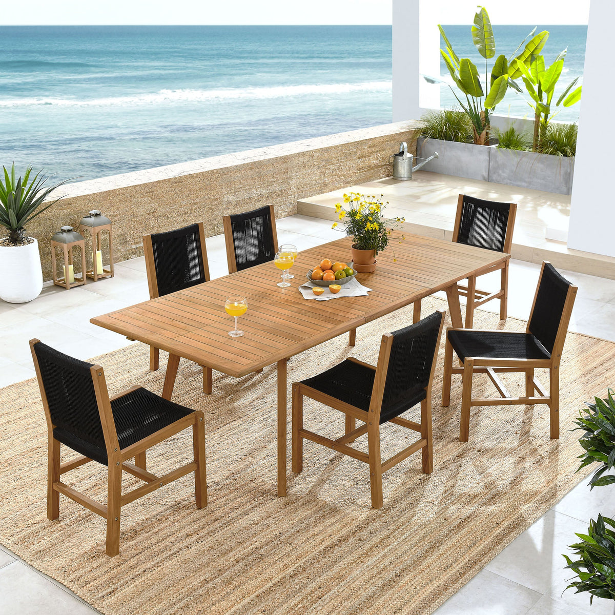 Vienna 7-Piece Outdoor Patio Teak and Rope Dining Set with Armless Chairs - view 6