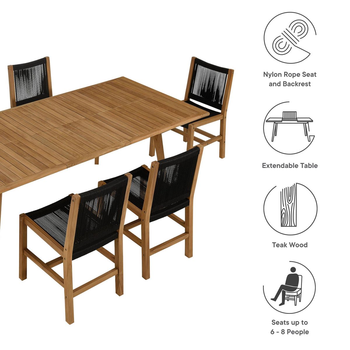 Vienna 7-Piece Outdoor Patio Teak and Rope Dining Set with Armless Chairs - view 8