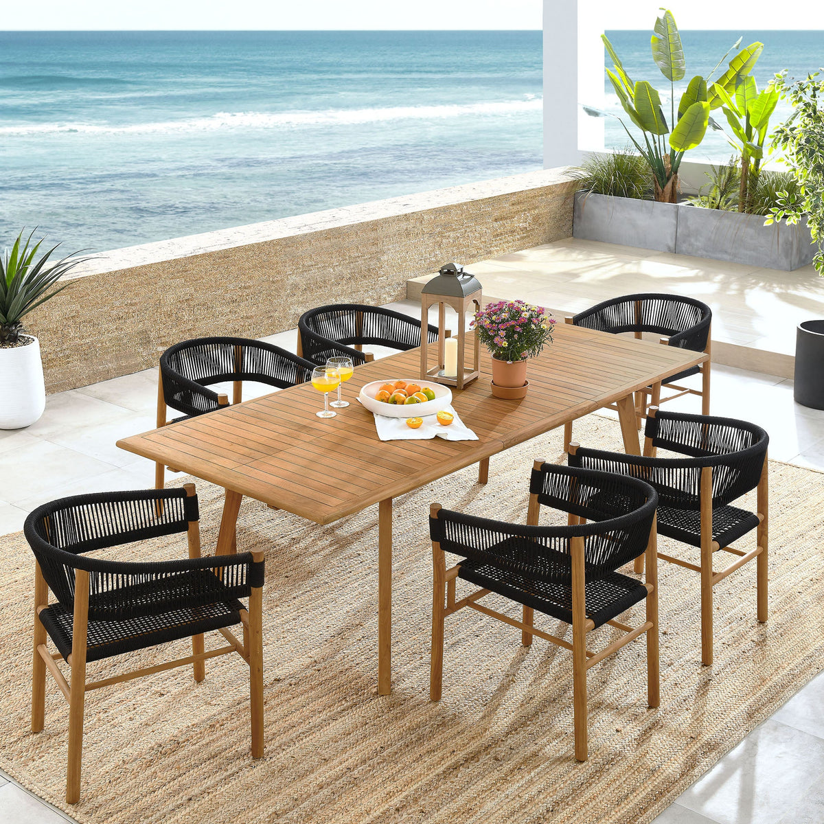 Vienna 7-Piece Outdoor Patio Teak and Rope Dining Set with Curved-Back Armchairs - view 6