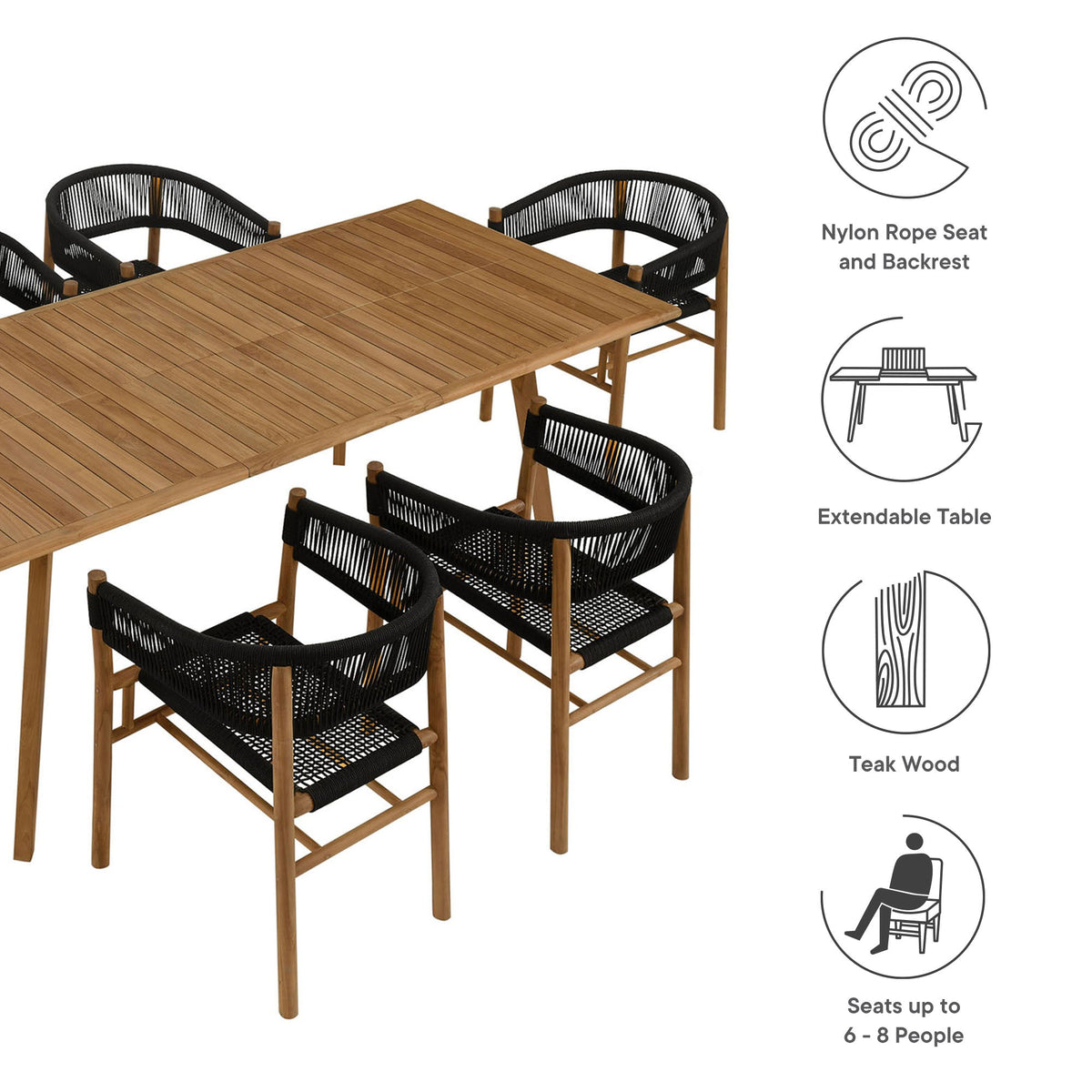 Vienna 7-Piece Outdoor Patio Teak and Rope Dining Set with Curved-Back Armchairs - view 8