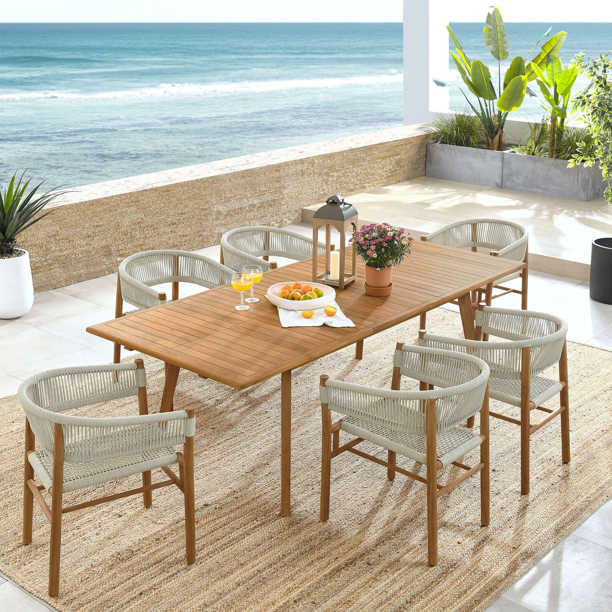 Vienna 7-Piece Outdoor Patio Teak and Rope Dining Set with Curved-Back Armchairs - view 5