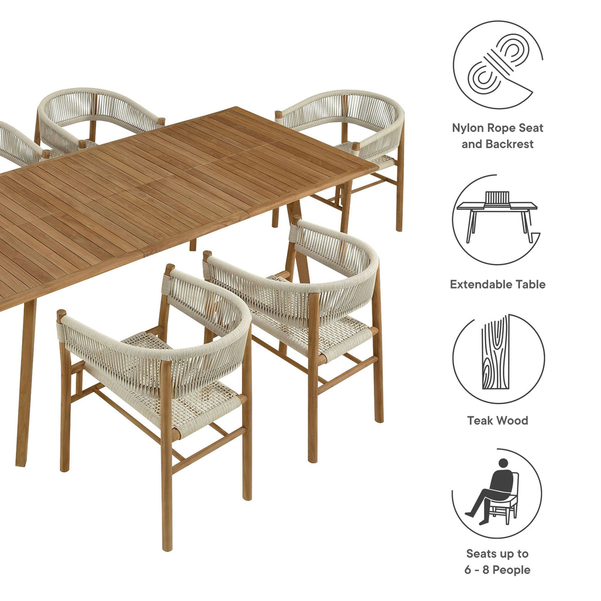 Vienna 7-Piece Outdoor Patio Teak and Rope Dining Set with Curved-Back Armchairs - view 7