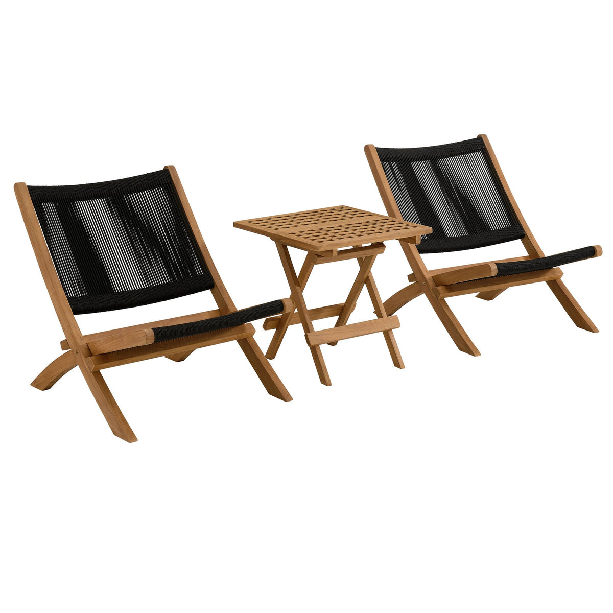 Vienna 3-Piece Outdoor Patio Teak and Rope Folding Lounge Chairs and Side Table - view 2