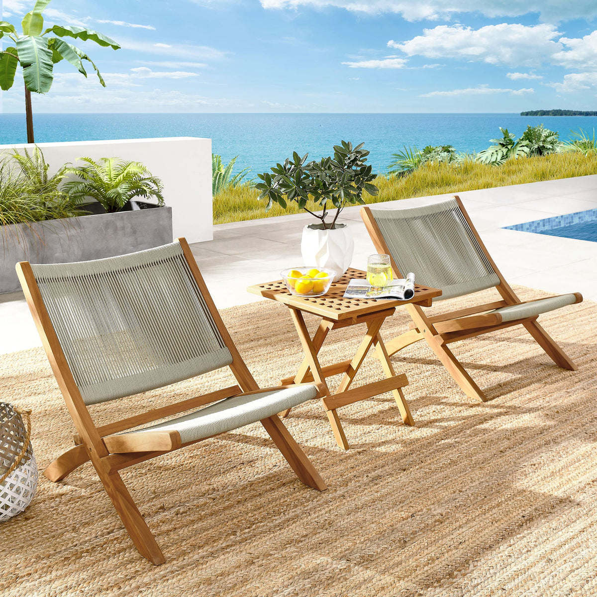 Vienna 3-Piece Outdoor Patio Teak and Rope Folding Lounge Chairs and Side Table - view 5