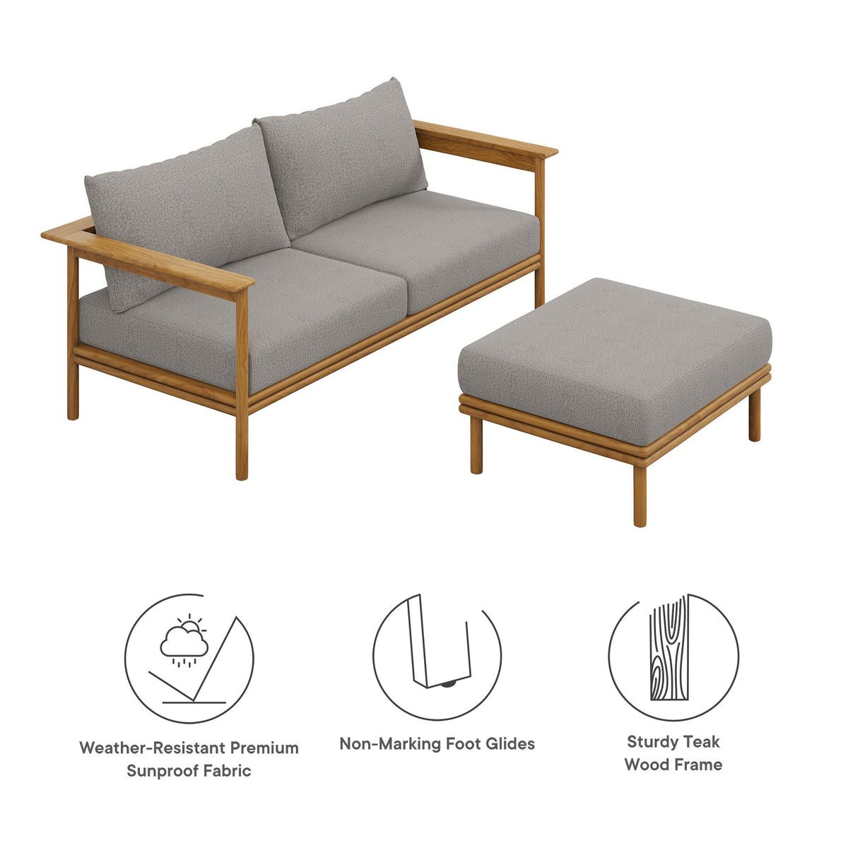 Wren 2-Piece Outdoor Patio Teak Wood Sofa and Ottoman Set - view 8