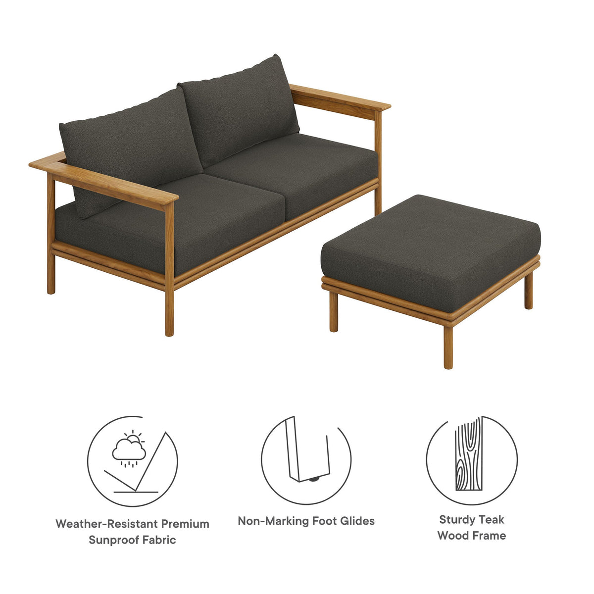 Wren 2-Piece Outdoor Patio Teak Wood Sofa and Ottoman Set - view 9