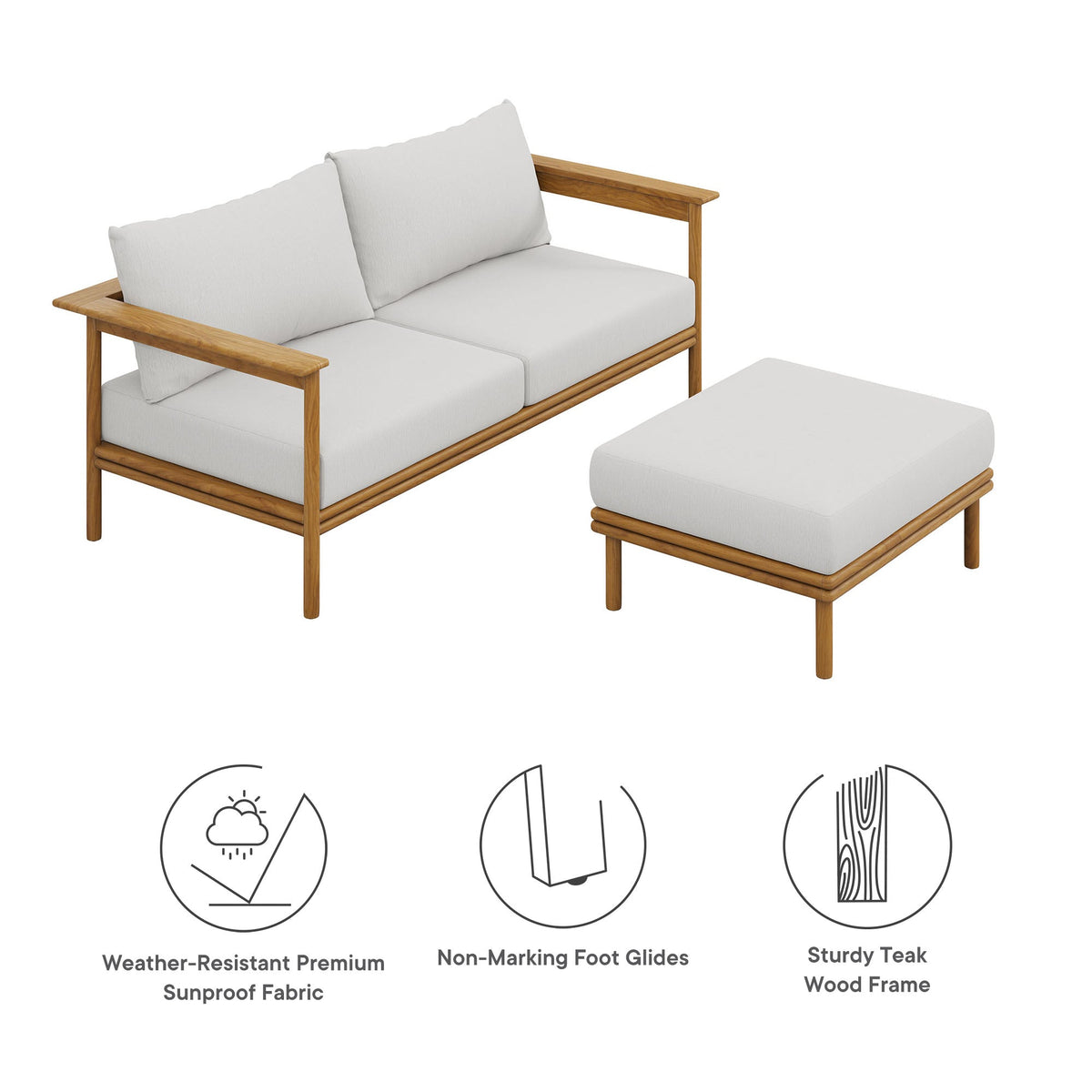 Wren 2-Piece Outdoor Patio Teak Wood Sofa and Ottoman Set - view 7