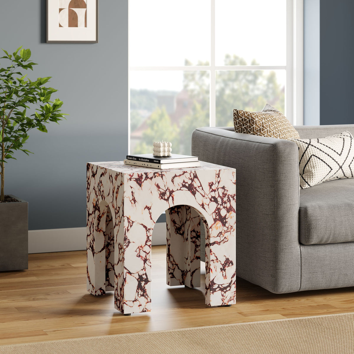 Valen Square Indoor - Outdoor Patio Arched Concrete Side Table
