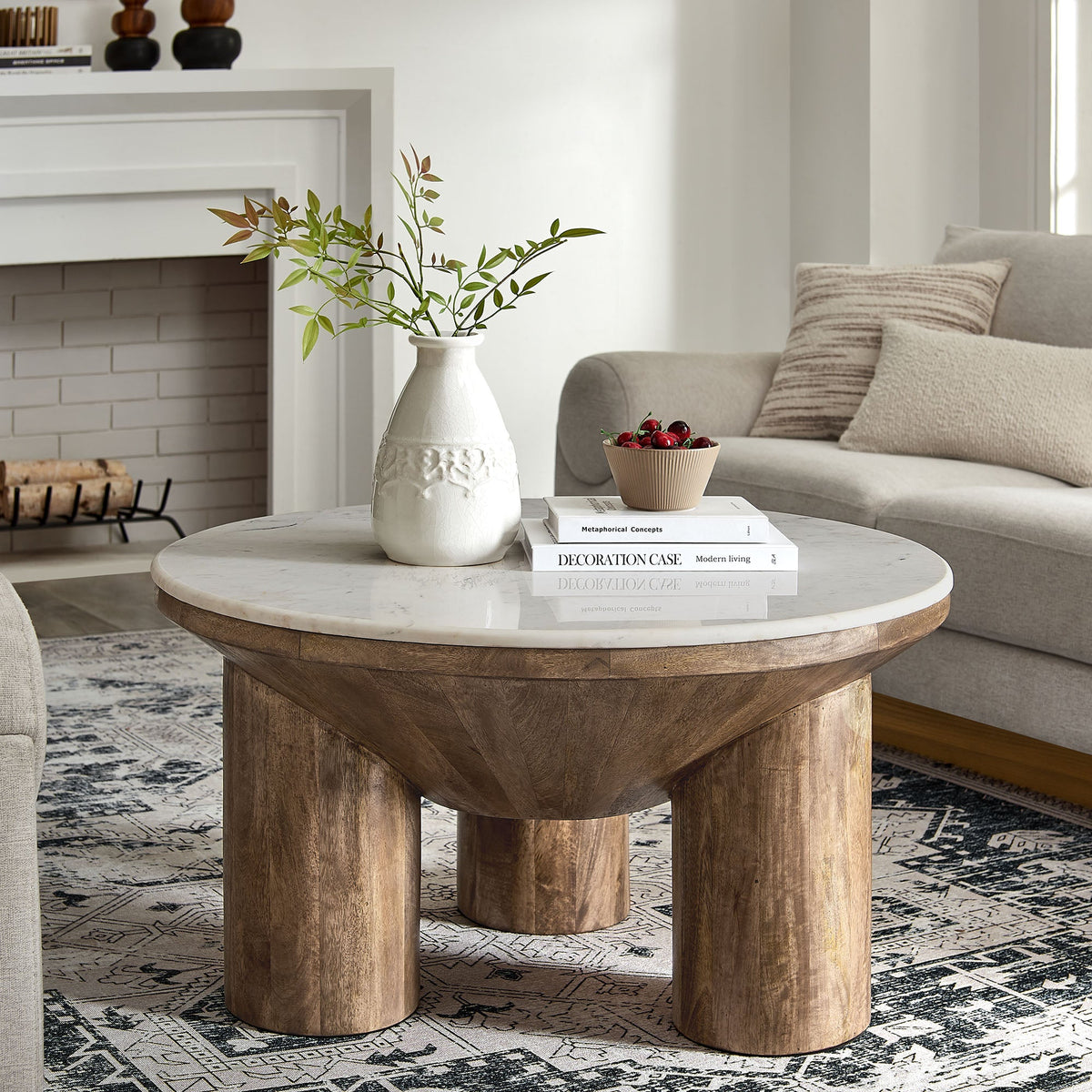 Ellison 33" Round Wood Coffee Table With Marble Top - view 6