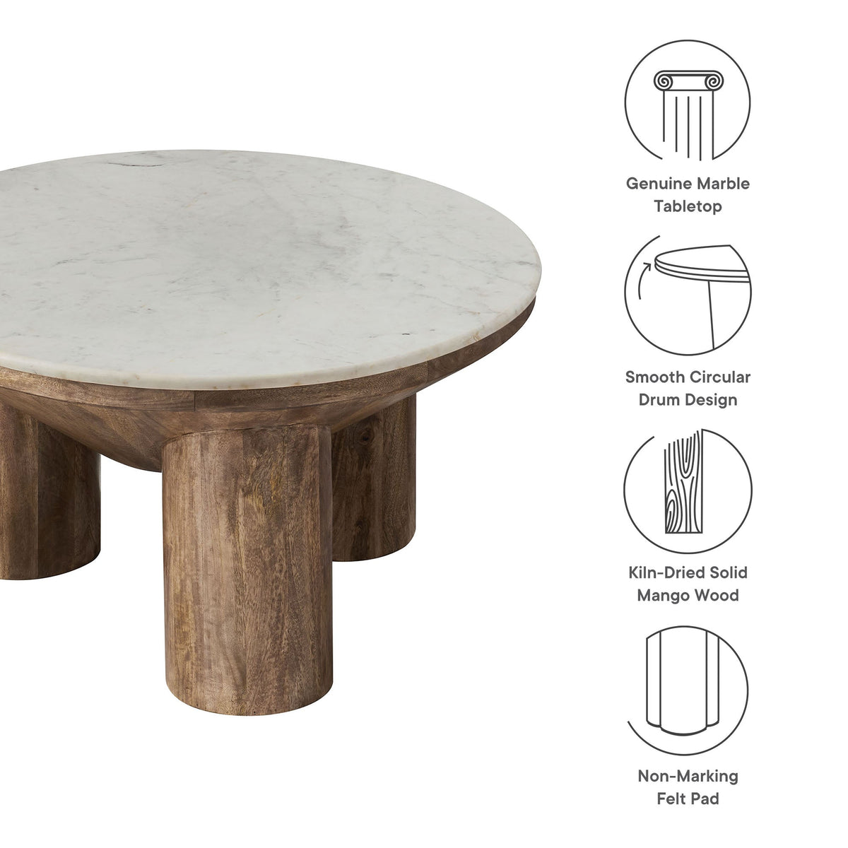 Ellison 33" Round Wood Coffee Table With Marble Top - view 7