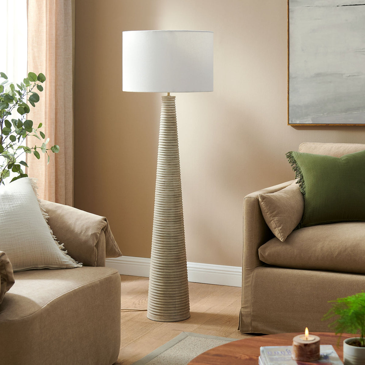 Saylor Carved Ribbed Wood Floor Lamp With Drum Shade