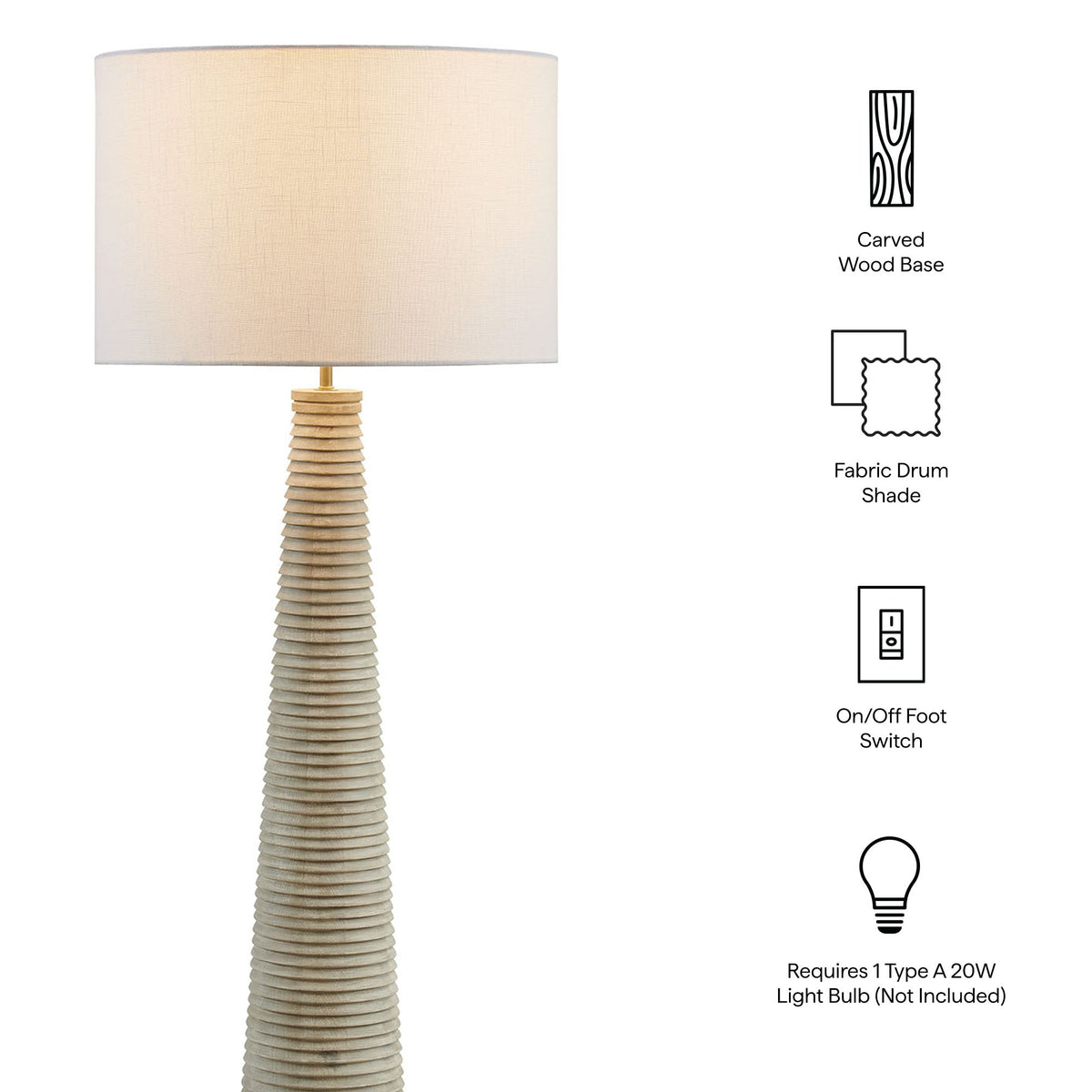 Saylor Carved Ribbed Wood Floor Lamp With Drum Shade