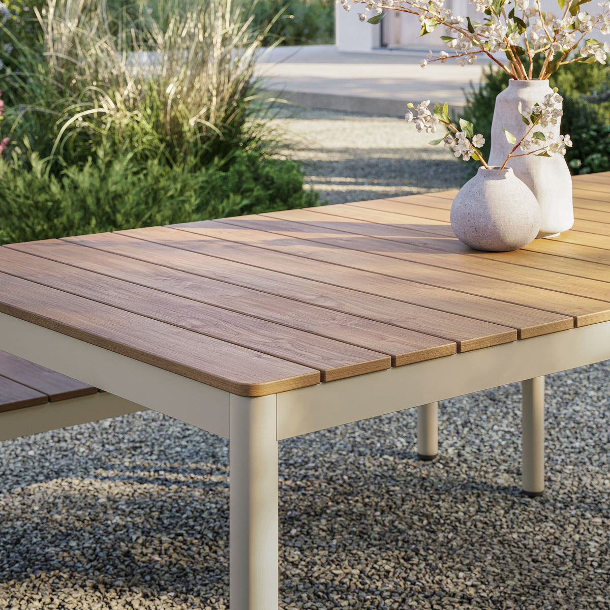 Finn 71" Outdoor Patio Aluminum Dining Table with Faux Wood Top - view 6