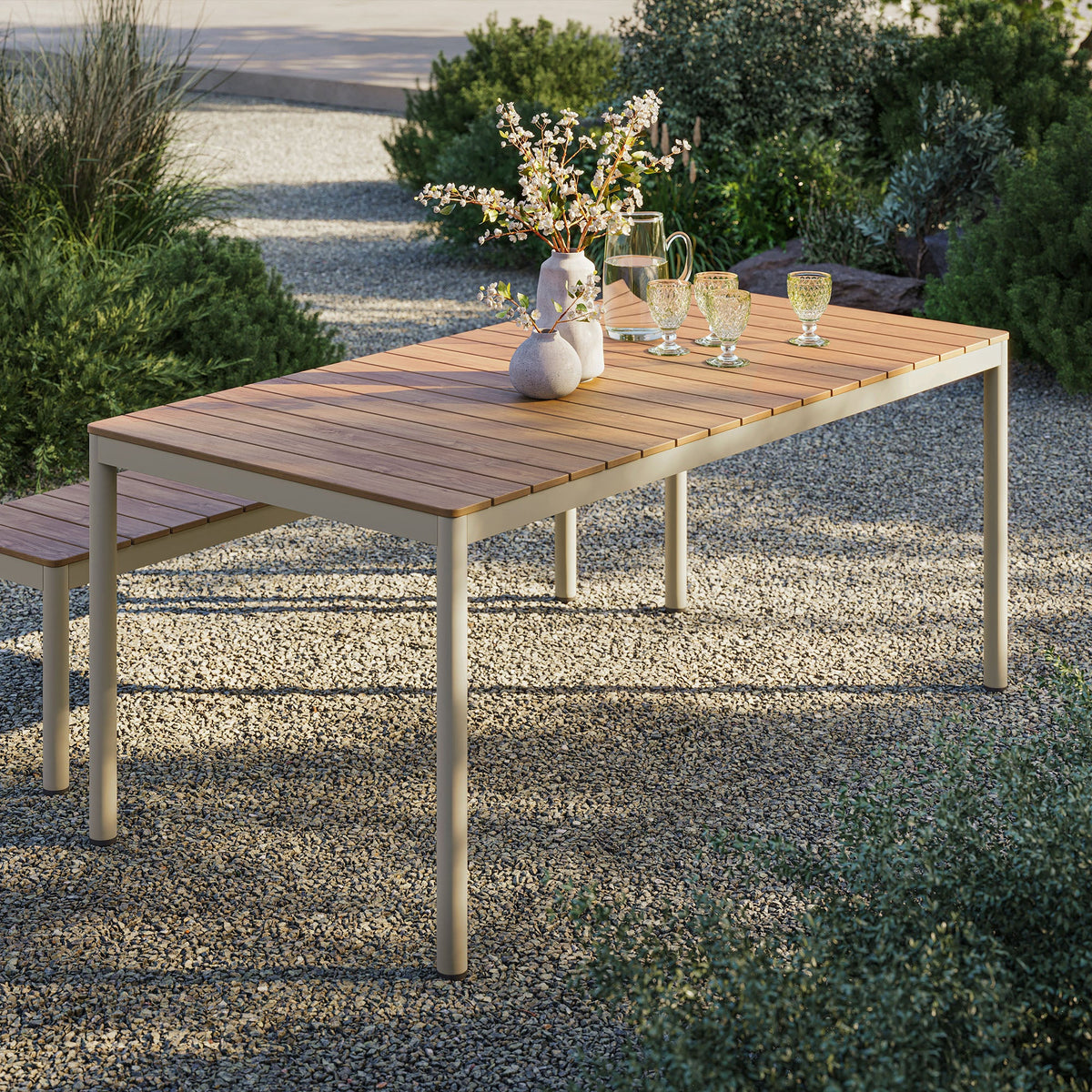 Finn 71" Outdoor Patio Aluminum Dining Table with Faux Wood Top - view 7