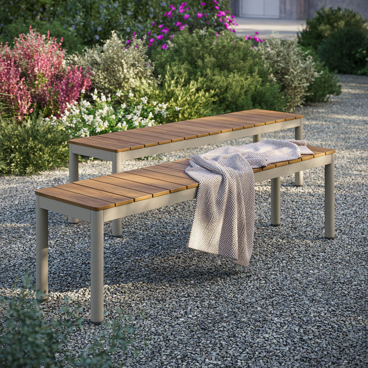 Finn Outdoor Patio Aluminum Bench with Faux Wood Top Set of 2