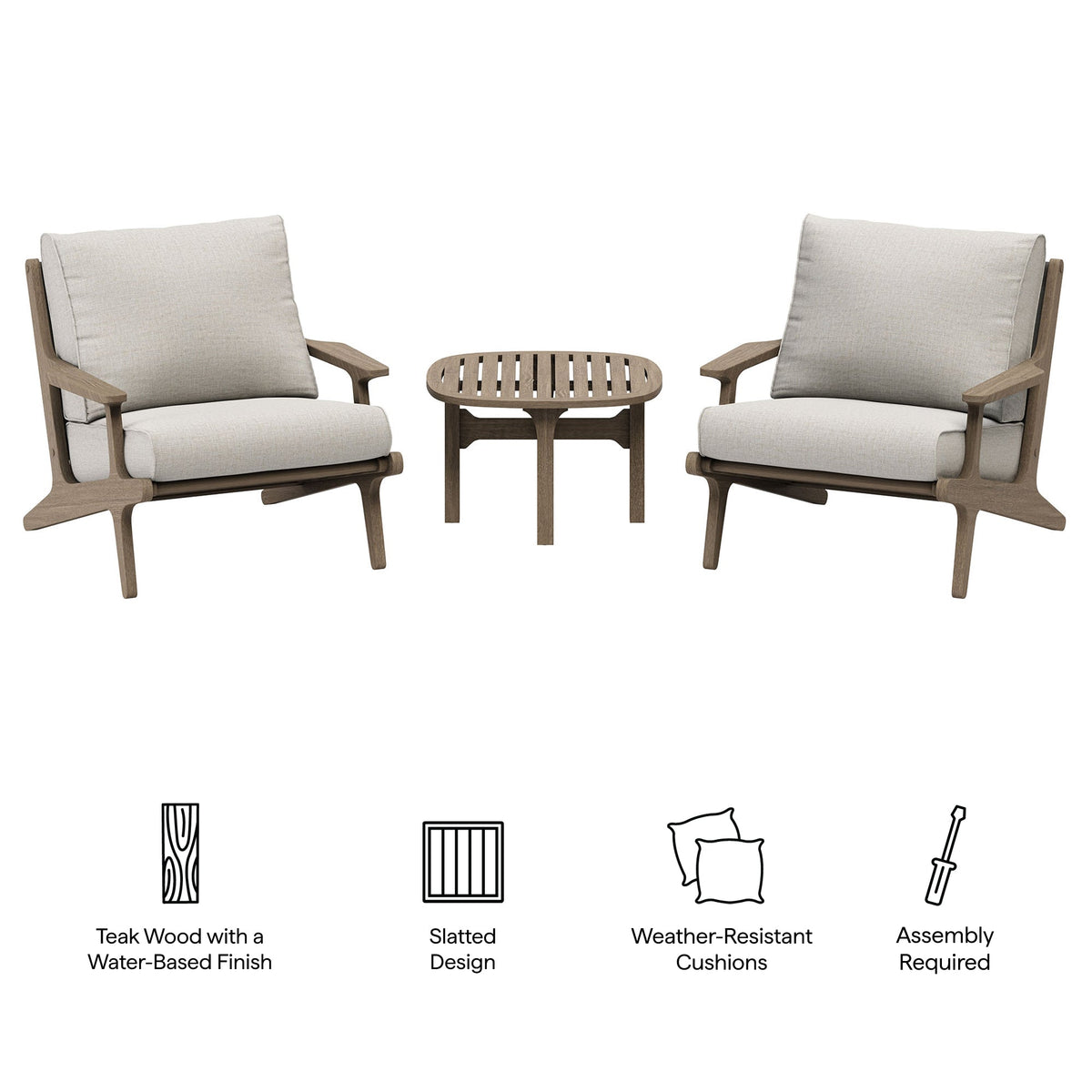 Saratoga 3-Piece Outdoor Teak Wood Furniture Set with Lounge Chairs and Side Table