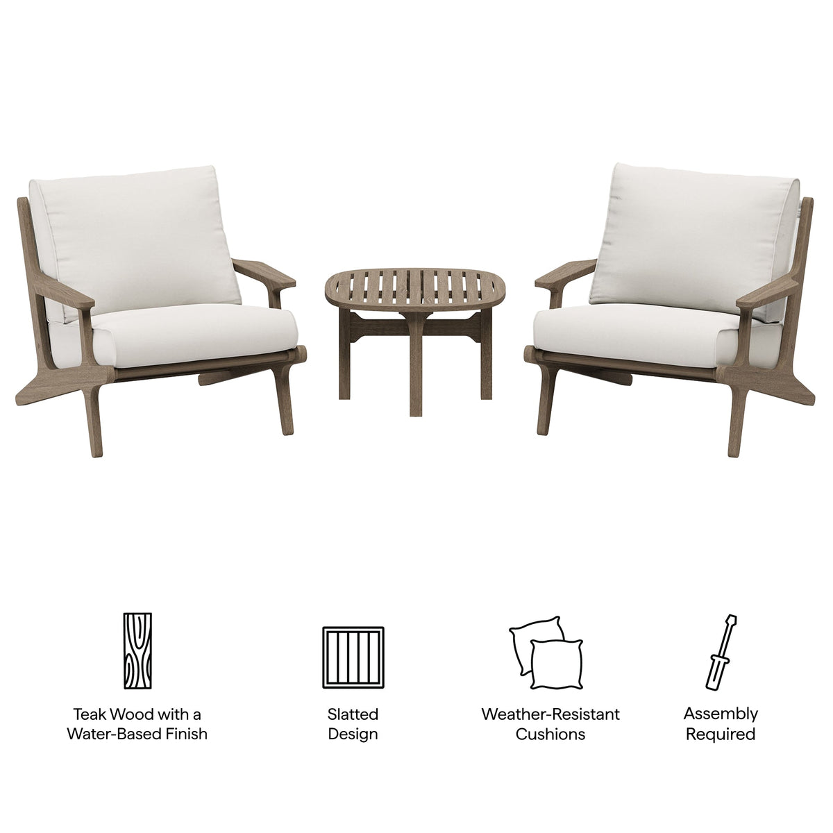 Saratoga 3-Piece Outdoor Teak Wood Furniture Set with Lounge Chairs and Side Table
