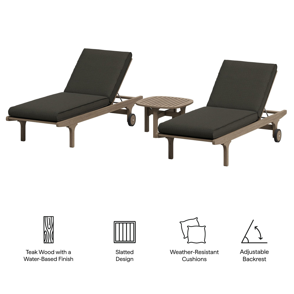 Saratoga Outdoor Teak Wood 3-Piece Chaise Lounge Furniture Set
