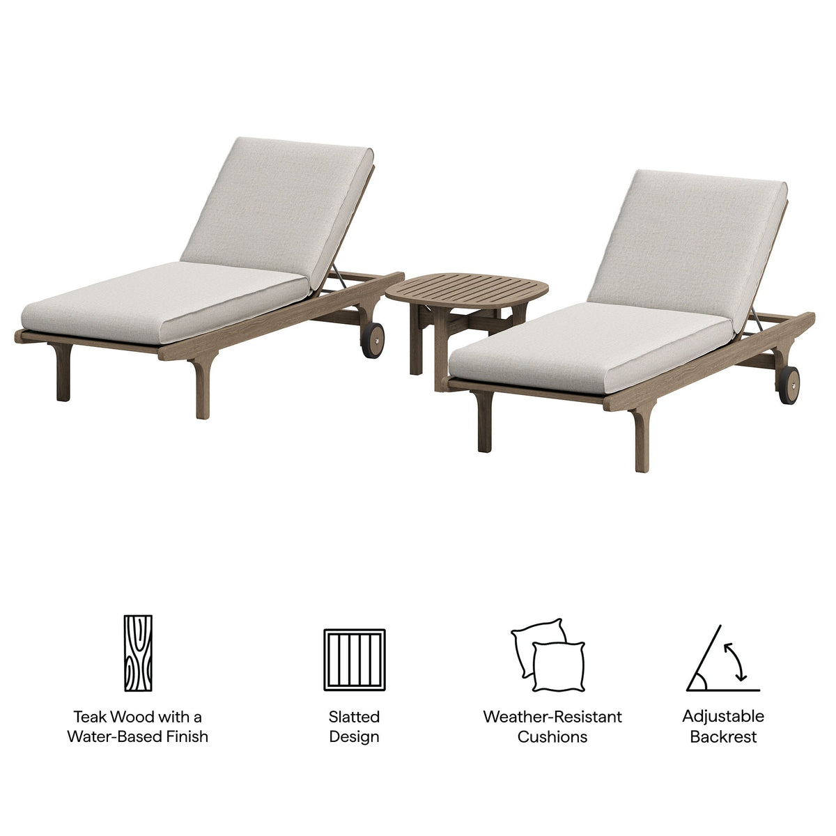 Saratoga Outdoor Teak Wood 3-Piece Chaise Lounge Furniture Set