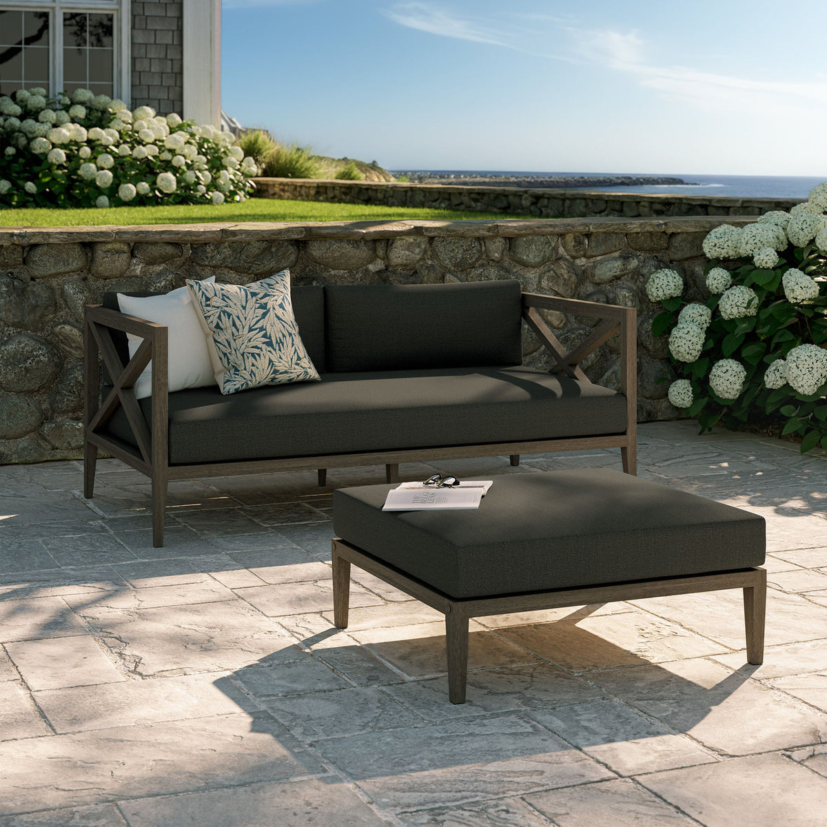 Northlake Outdoor Teak Wood Loveseat and Ottoman Set