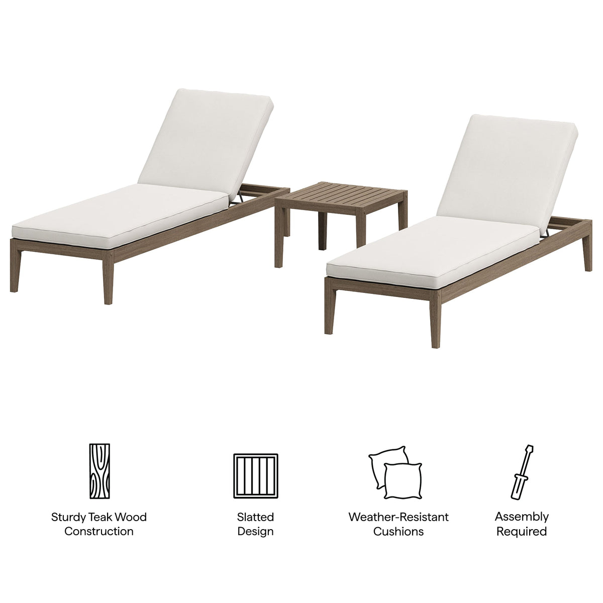 Northlake 3-Piece Outdoor Teak Wood Furniture Set with Chaise Lounges and Side Table
