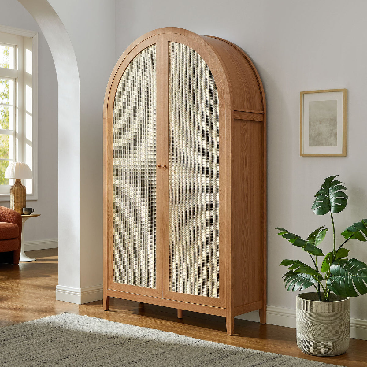 Calista 79" Tall Wide Rattan Arched Storage Cabinet