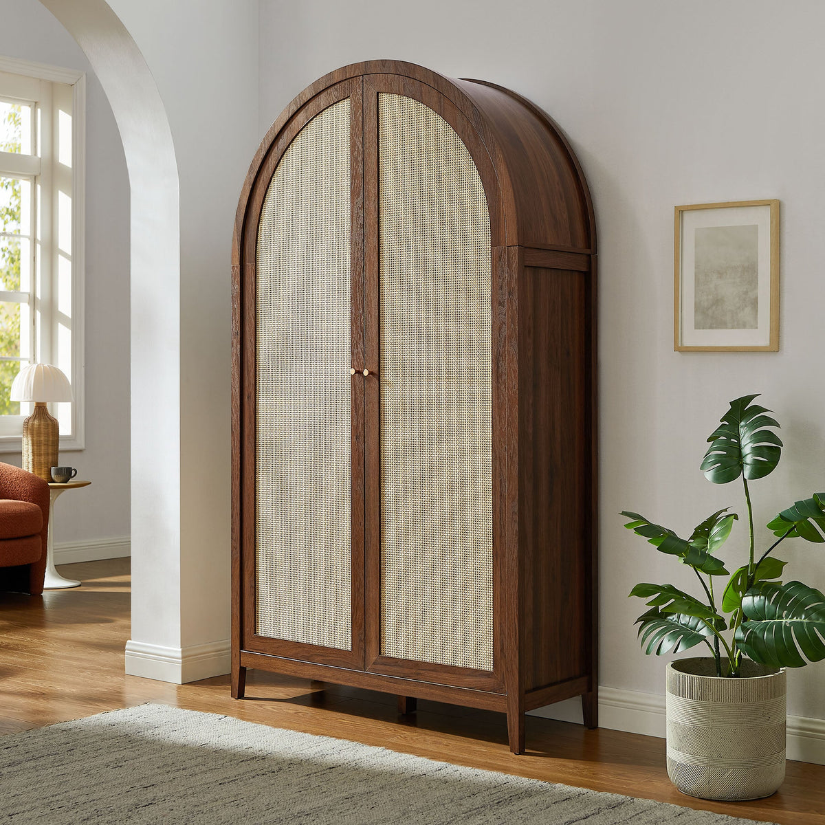 Calista 79" Tall Wide Rattan Arched Storage Cabinet