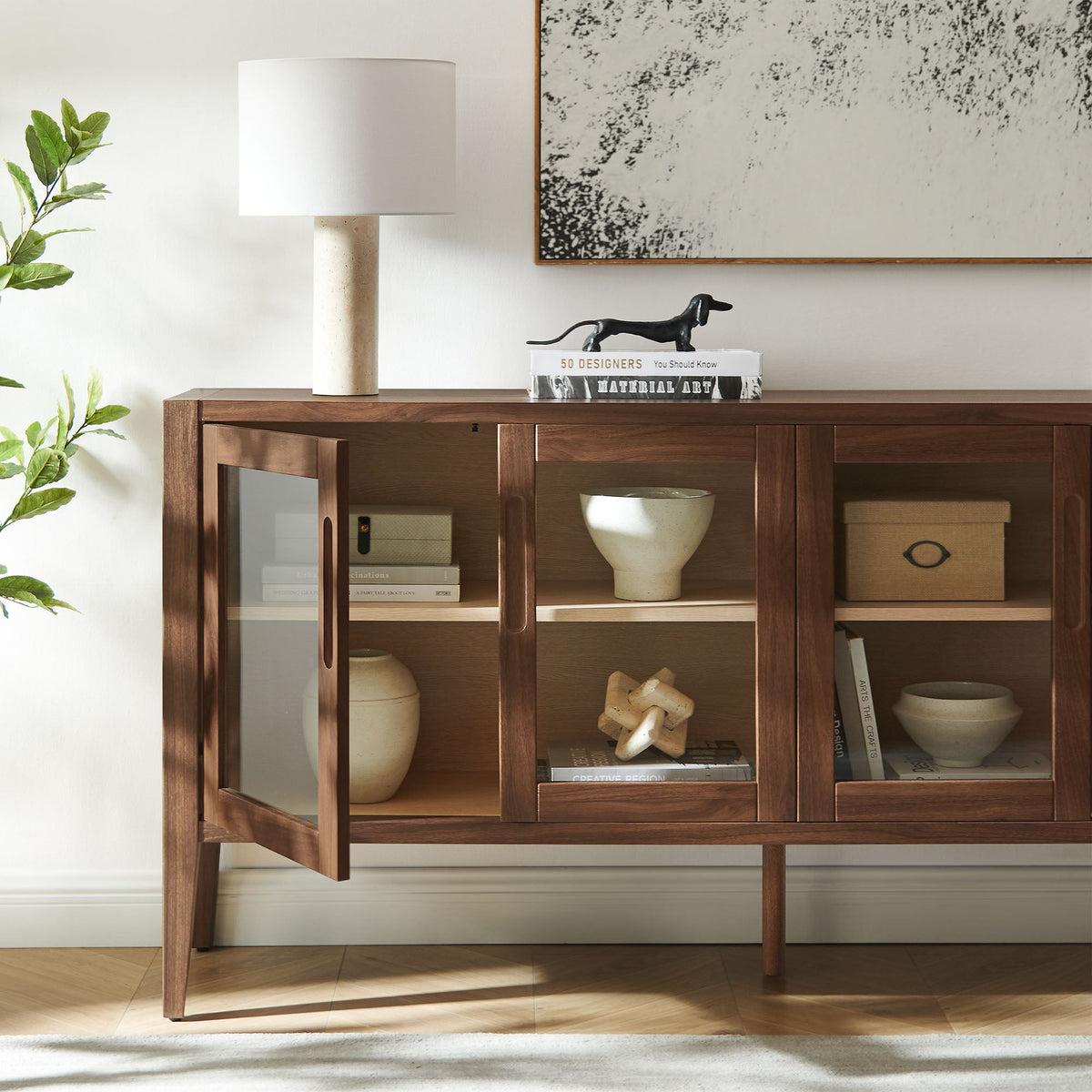 72-Inch Glass Door Sideboard Storage Cabinet