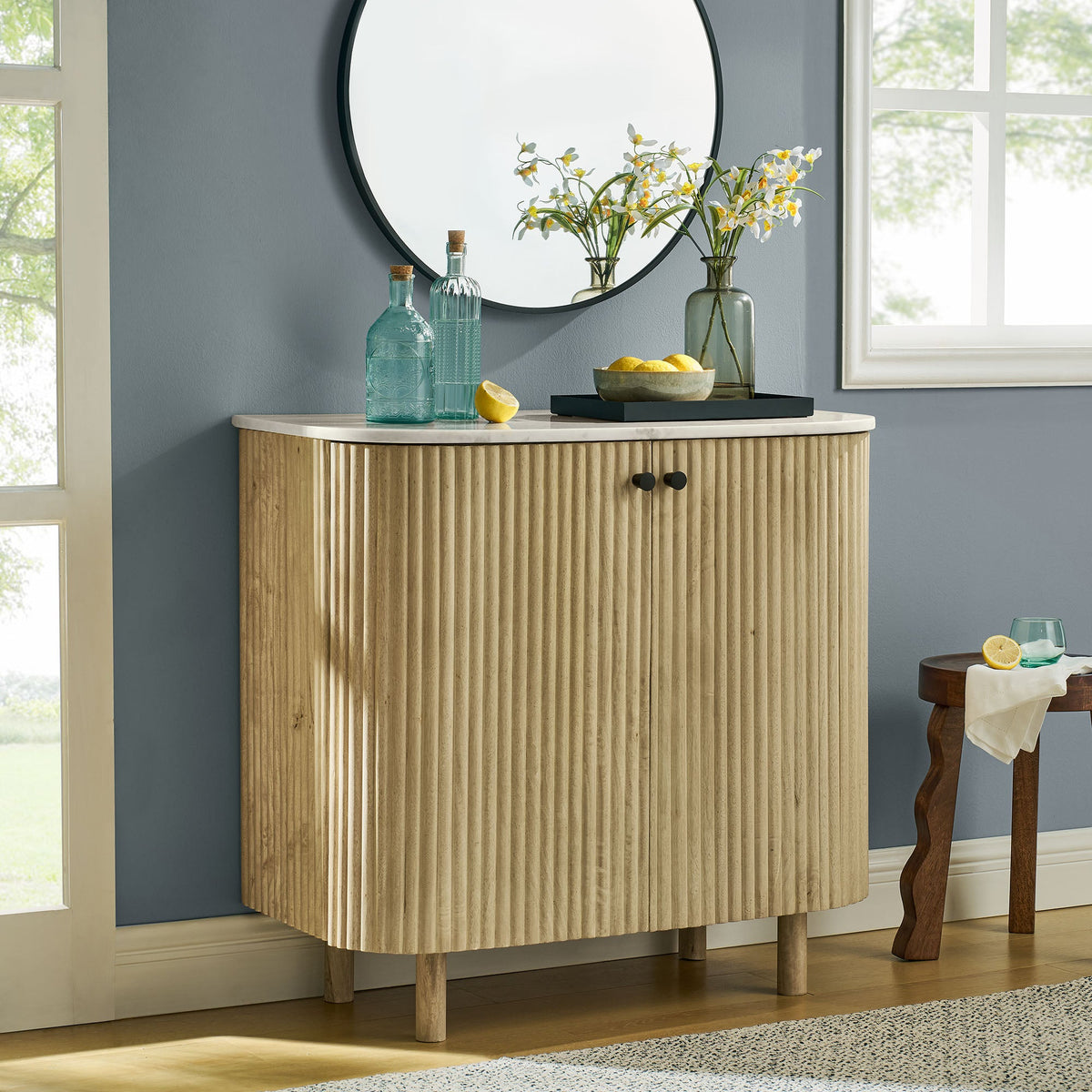 Caldera 33" Curved Solid Wood and Marble Accent Storage Cabinet