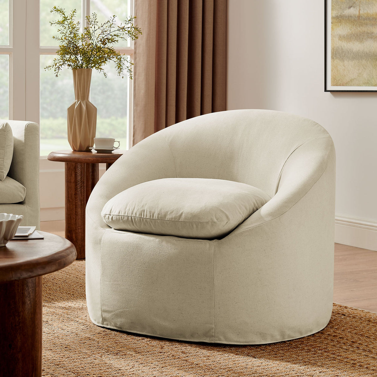 Sadie Slipcovered Linen-Blend Round Accent Chair