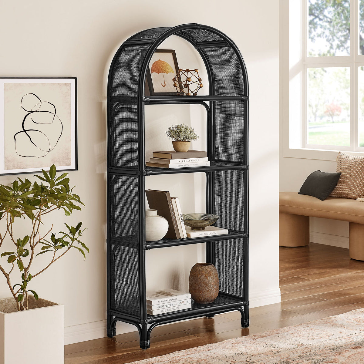 Celeste 67 Inch Tall Arched Natural Rattan Bookshelf
