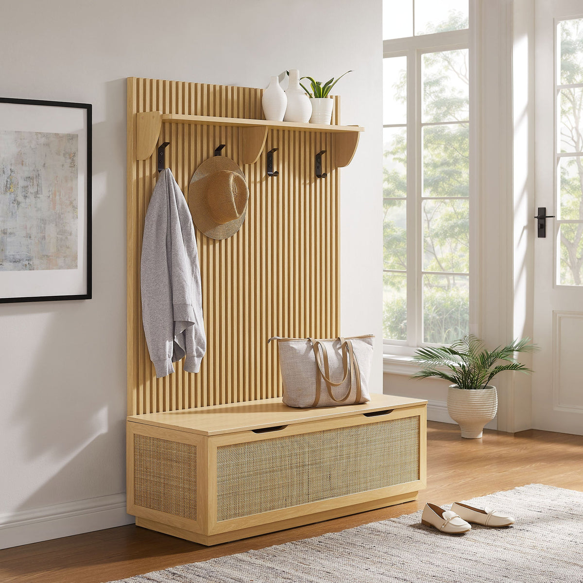 Soma Fluted 3-in-1 Hall Tree With Storage Bench and Coat Rack