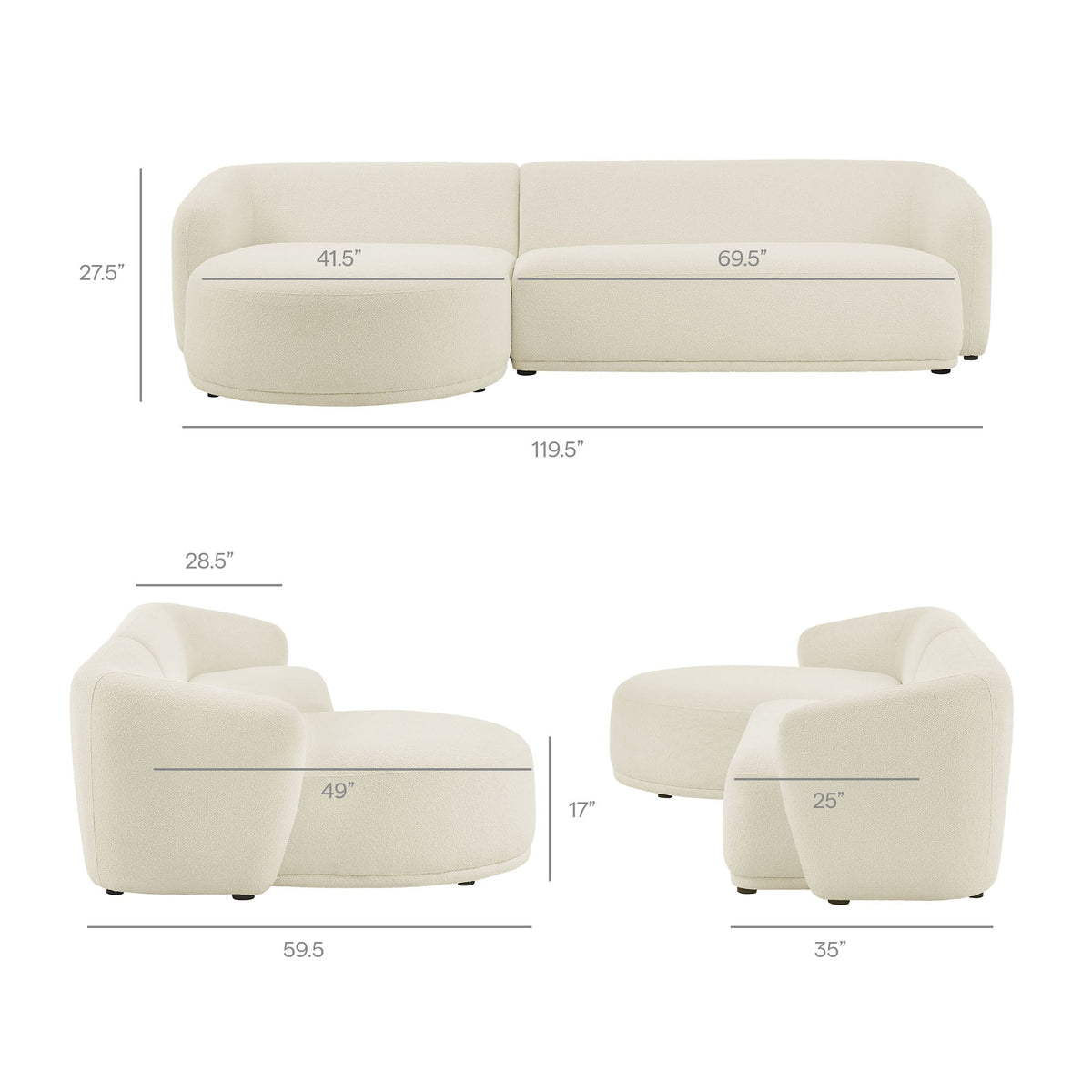 Monica 2 Piece Left Facing Boucle Fabric Modular Sofa with Chaise