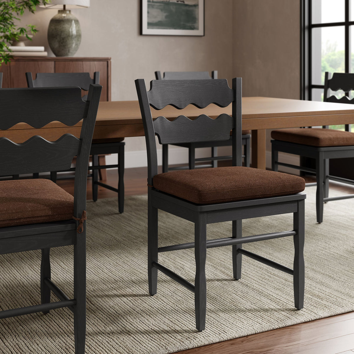 Jax Oak Wood Dining Chair With Wavy Razor Back and Cushion