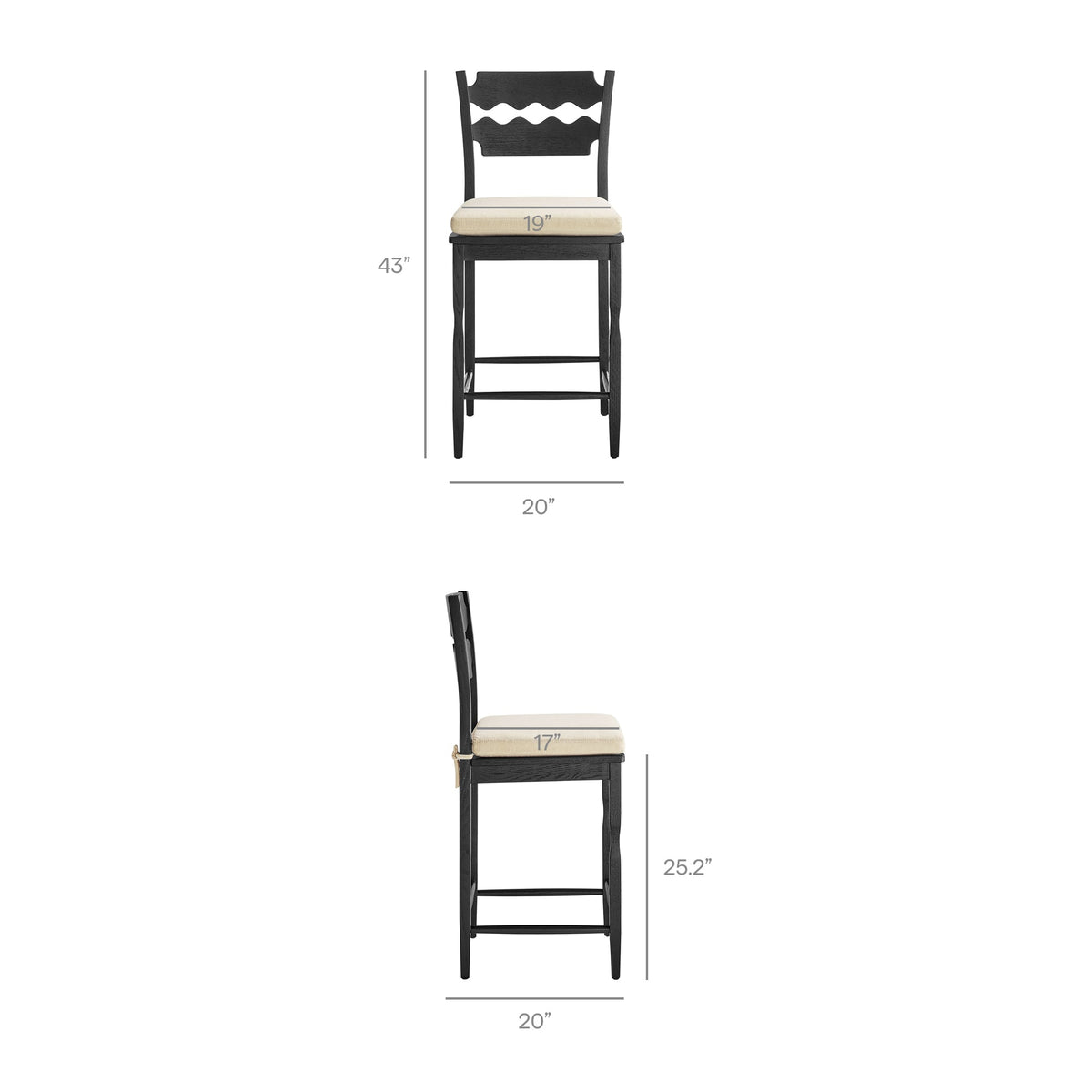 Jax Oak Wood Counter Stool With Wavy Razor Back and Cushion