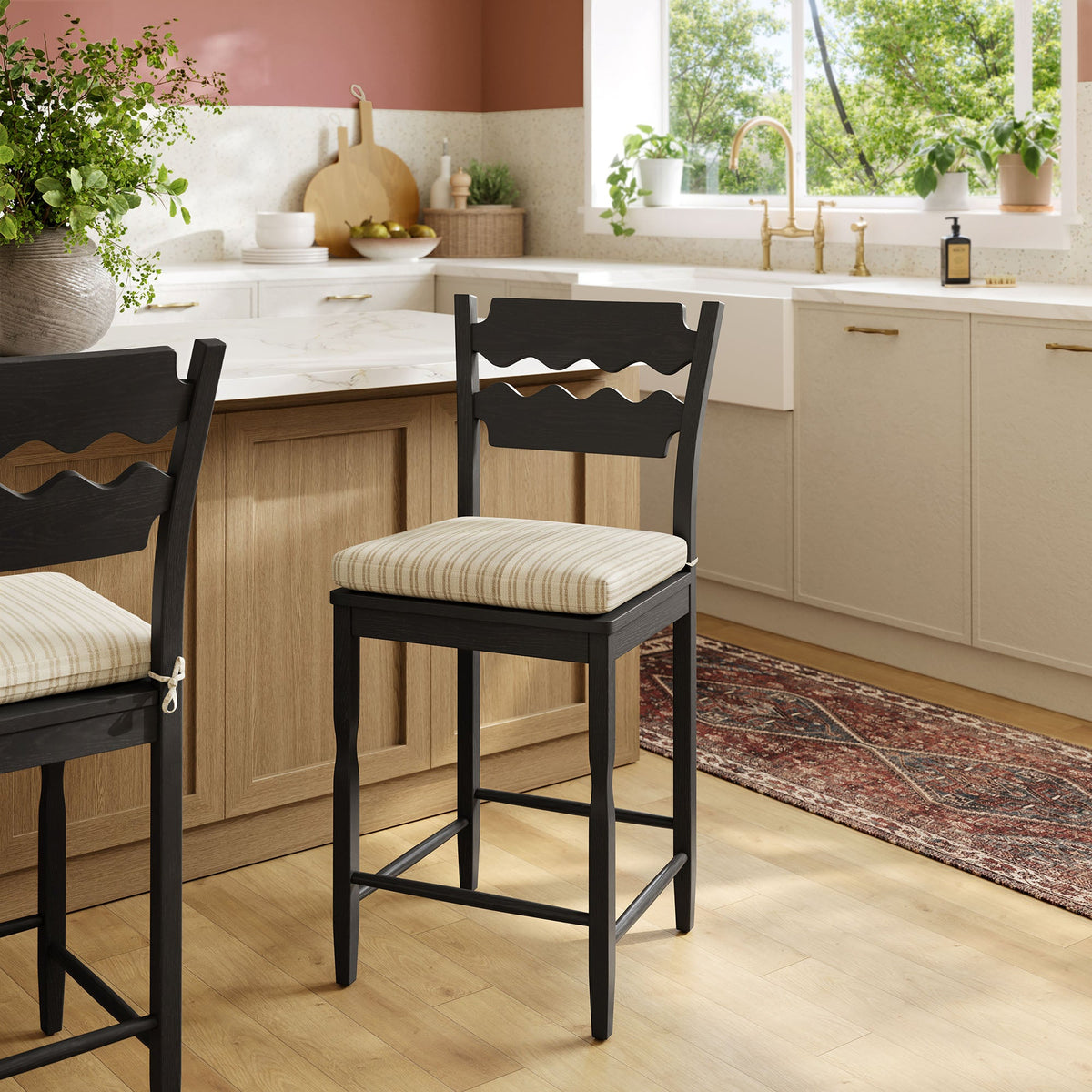 Jax Oak Wood Counter Stool With Wavy Razor Back and Cushion