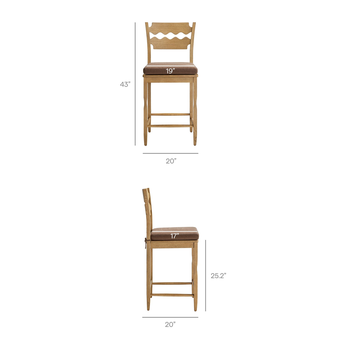 Jax Oak Wood Counter Stool With Wavy Razor Back and Cushion