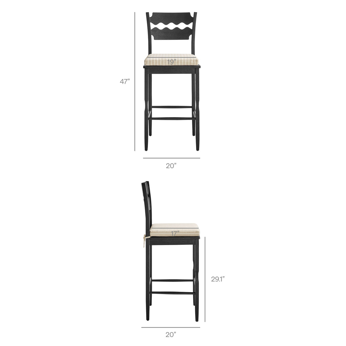 Jax Oak Wood Bar Stool With Wavy Razor Back and Cushion
